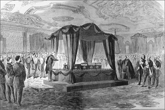 Lincoln's Funeral in the East Room, April 19, 1865.  Mrs. Lincoln, though shown in the artist's depiction, did not attend.