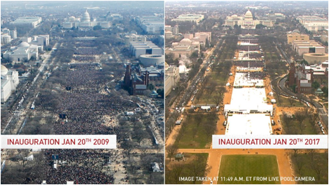 Description: A view of the National Mall during Barack Obama's first inauguration in 2009 and for Donald Trump's inauguration in 2017. Photos by Reuters and Pool Camera. Image has been updated to include time taken.