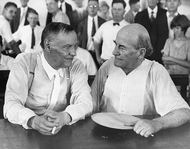 Clarence Darrow and William Jennings Bryan during a recess of the trial