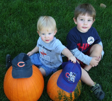 Jack and Owen picking pumpkins