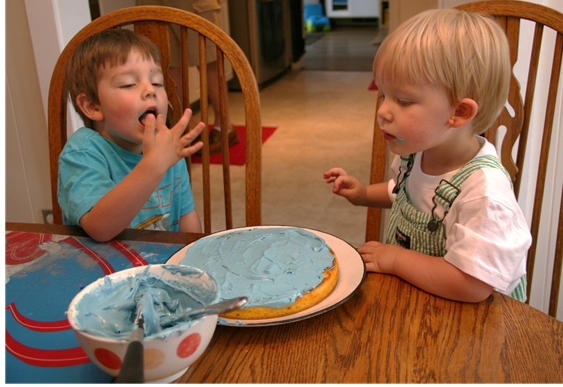 Then Jack licks some icing.  Owen figures that if Jack can do that he could also.