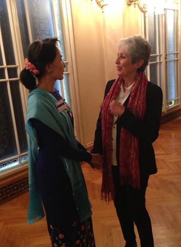 Joan talking to Aung San Suu Kyi