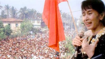 This is Aung San Suu Kyi speaking to a half million protesters at the 8888 Uprising.