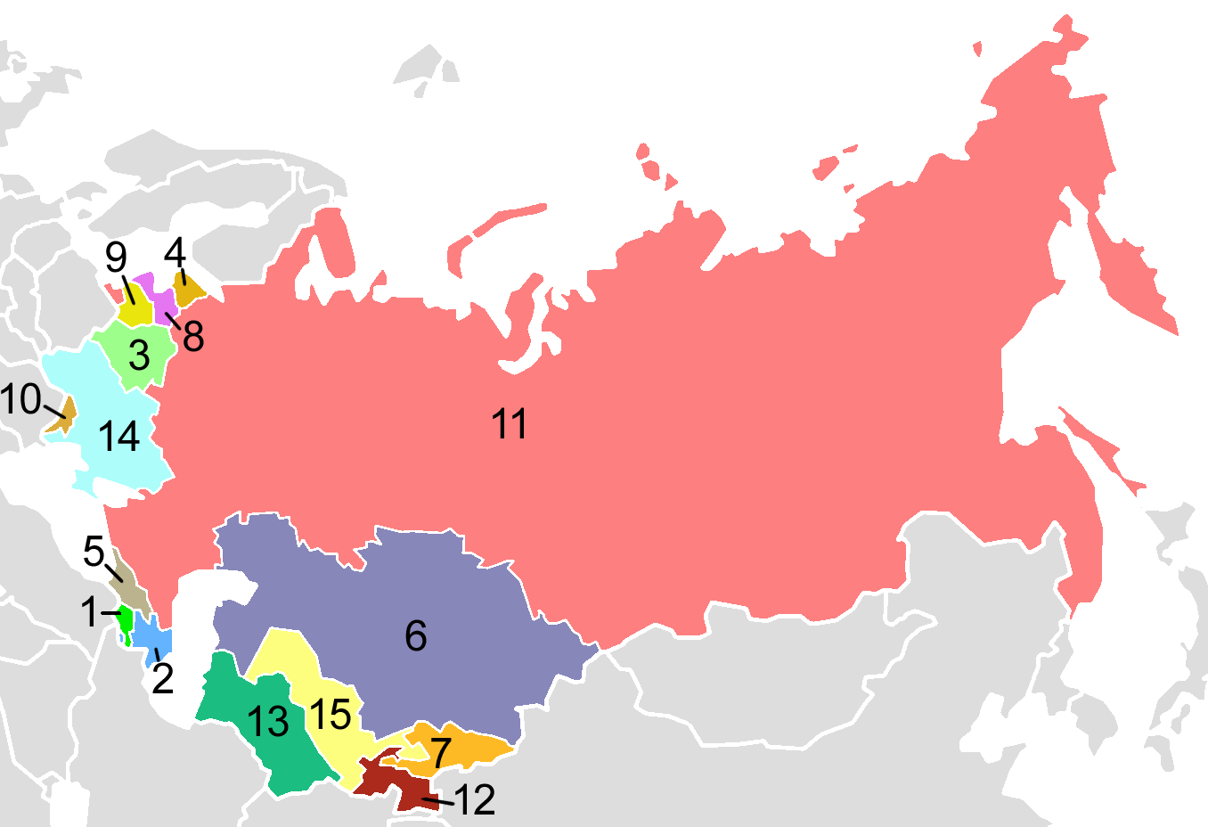 Post-Soviet states in English alphabetical order: