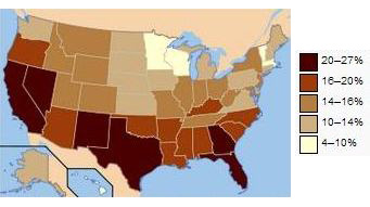 Percentage of people without health insurance coverage by state