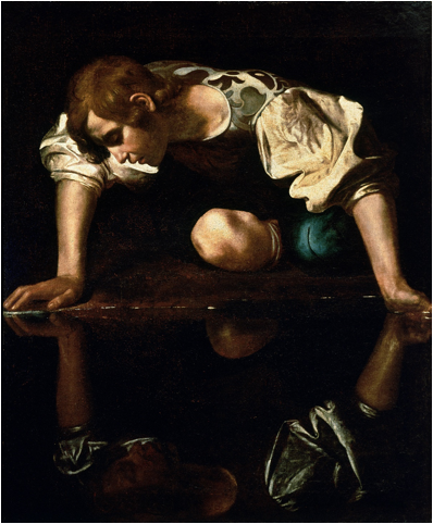 Description: https://upload.wikimedia.org/wikipedia/commons/2/29/Narcissus-Caravaggio_%281594-96%29_edited.jpg