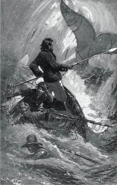 Ahab is about to harpoon Moby Dick.